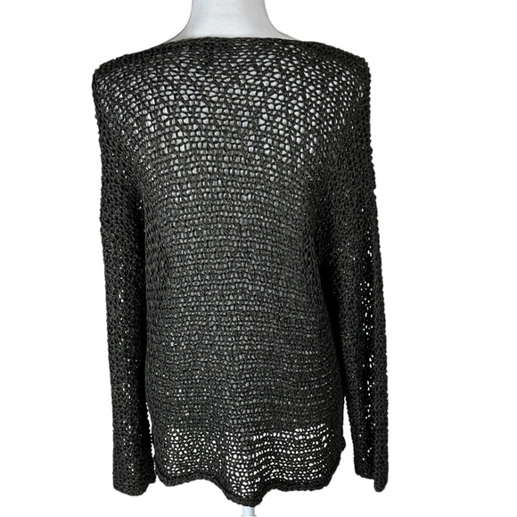 Eileen Fisher Knotted Open Weave V-neck Sweater. Metallic Olive Green. S… - Picture 4 of 5